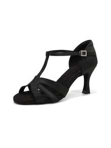 Sepatu Dansa Latin Wanita dengan Tali T, Gesper Berlian Imitasi, Potongan Terbuka, dan Ujung Terbuka, Sepatu Salsa Ballroom. - Hitam - View 3