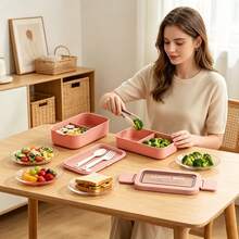 1pc Double-Layer Portable Lunch Box, Microwave ; Large Capacity Stackable Lunch Box, 1350ml; Includes Fork And Spoon Set; Pink Color - Multicolor - View 4
