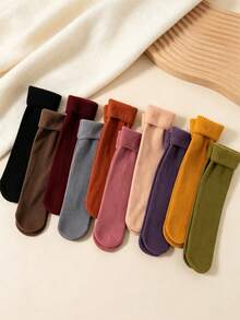 Random 5/10/15 Pairs Thick Striped Warm Sports Socks, Minimalist Versatile Mid-Calf Socks, Suitable For Autumn/Winter Sports, Home Leisure And Commuting - Multicolor - View 4