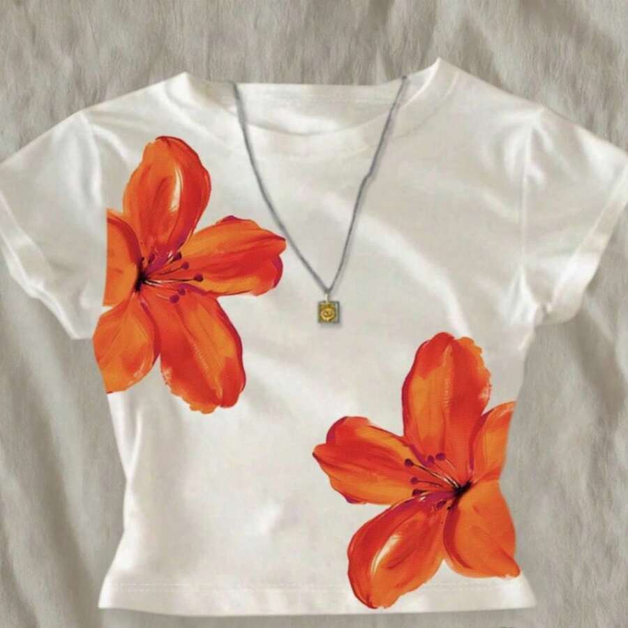 Elegant Resort Style Orange Floral Print Women's Slim Fit Short T-Shirt - 款式 - 查看 1