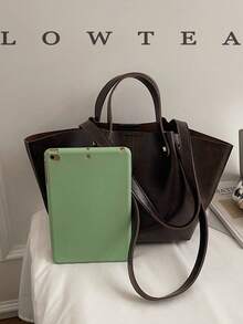 Low Tea 1件裝純色麂皮布料女款休閒大容量托特包 BOOK Bag 雙手柄設計 壓扣開合，適合旅行、購物、約會，女性禮物，適用於青少年女孩、大學生、初入職場者與白領上班族，完美適配辦公室、校園、工作、商務、通勤、戶外、旅行、出遊 - 咖啡 - 查看 4