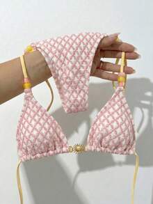 Bikinx Women's Textured Fabric Halter Triangle Bikini Set, Beaded Decor, Metal Accents, Side Tie Bikini Bottom, Beach Vacation Swimwear - Multicolor - View 10