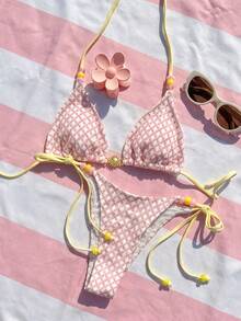 Bikinx Women's Textured Fabric Halter Triangle Bikini Set, Beaded Decor, Metal Accents, Side Tie Bikini Bottom, Beach Vacation Swimwear - Multicolor - View 4