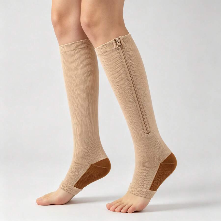 1 Pair Unisex Zipper Compression Socks, Open Toe Knee-High Compression Support Socks, Sports Varicose Vein Prevention Socks, Running Travel Nurse Fitness Circulation Leg Support Socks - Multicolor - View 1