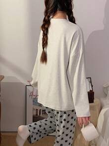 2pcs/Set Women's Spring Autumn Casual Cartoon Sweat-Absorbing Breathable Round Neck Long Sleeve Long Pants Cartoon Home Wear - Champagne - View 2
