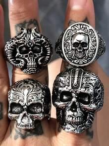 American Heavy-Duty Vintage Thorn Rose Skull Ring Set, Ram Head Carved Distressed Gothic Finger Ring, Men's Personalized Street Style Accessory, Halloween Gift, Random Style 1pc/2pcs/3pcs/4pcs - Antique Silver - View 3