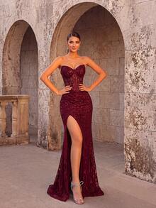ADYCE Elegant V-Neck Sequin Embroidered Hollow High Waist Side Slit Backless Wedding Guest Dress, Suitable For Prom, Party And Banquet, Formal Dress Fall - 酒紅色 - 查看 6