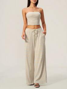 TimeOff Women's One Set Striped Strapless Bandeau Tank Top With Drawstring Waist And Side Pockets Wide Leg Pants 2 Pieces Set - Khaki - View 6