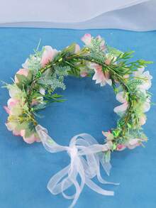 KOVLYNE 1 Peça Tiara Romântica com Guirlanda Floral Rosa e Fita de Organza, Acessório de Cabelo Estilo Boêmio para Casamento e Festival - Rosa chiclete - Visão 5