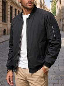 Men's Casual Baseball Collar Jacket, Black Lightweight Zip-Up Cardigan, Suitable For Spring/Autumn, Daily/Commute/Outdoor Wear - Black - View 2