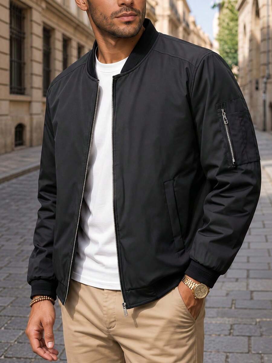 Men's Casual Baseball Collar Jacket, Black Lightweight Zip-Up Cardigan, Suitable For Spring/Autumn, Daily/Commute/Outdoor Wear - Black - View 1
