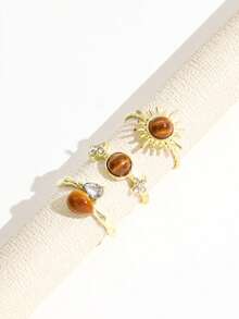 3 piezas de anillos vintage de piedra de ojo de tigre falso Maillard, anillos abiertos con sol, estrella, gota de agua y strass, joyería apilable para mujer para uso diario - Dorado - Ver 4