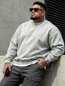 Men's Casual Sweatshirt, Slight Stretch, Men's Solid Color Plus Size Crew Neck Sweatshirt, Gift For Husband - Light Grey - View 3