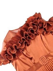 Elegant Plus Size Women Brown Satin Pleated A Line Dress Ruffle Neck Mesh Belted Waist Formal Church Wedding Guest Prom Party Maxi Gown - Brown - View 6