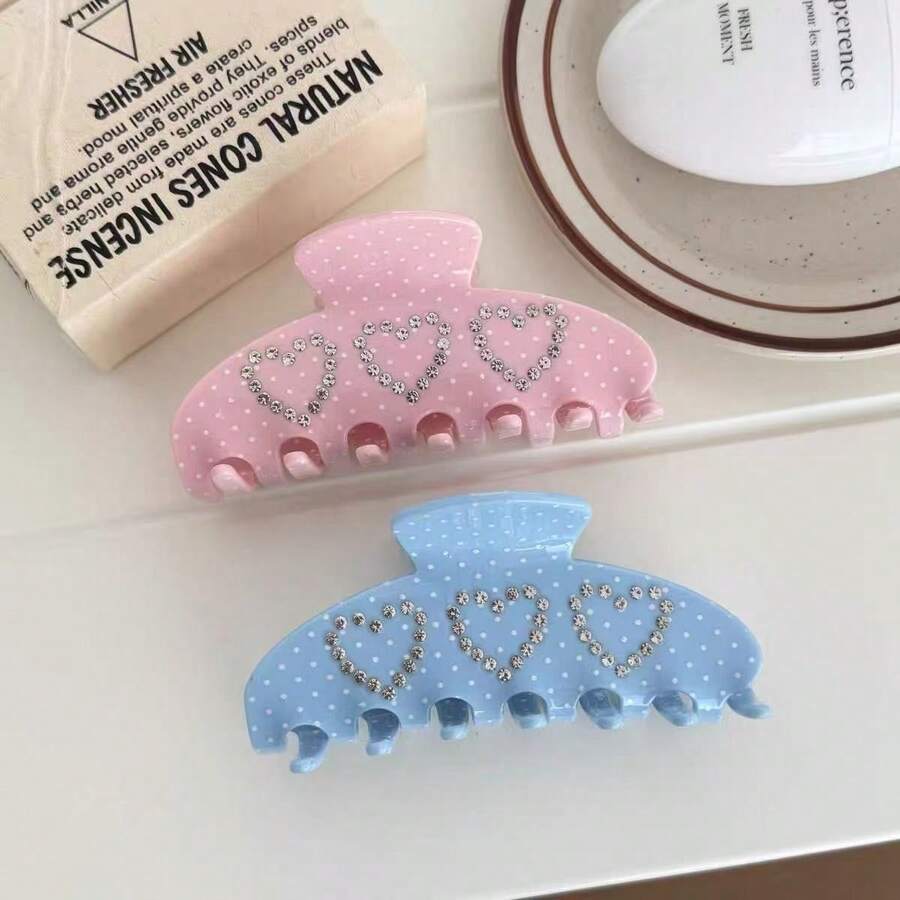 1件歐美時尚粉色波點水鑽愛心純色髮夾，Ins風甜酷辣妹後腦髮夾