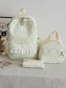 Set de 3 mochilas de nylon estilo crema con lazo de encaje y estampado de estrellas, plegables, de gran capacidad, con múltiples bolsillos y cremallera, adecuadas para adolescentes - Verde claro - Ver 10