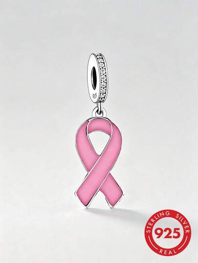 HuooNew 1 pezzo Ciondolo in argento sterling 925 con nastro rosa e cristallo CZ, ciondolo per la consapevolezza del cancro al seno, adatto per bracciali, pendente gioiello ipoallergenico