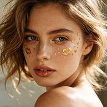 8 Peças Tatuagens Temporárias Metálicas Douradas de Sardas para Rosto, Adesivos Brilhantes de Coração, Lábio e Estrela para Rosto, Tatuagens de Transferência de Sardas com Glitter à Prova d'Água para Maquiagem de Festival, Rave, Festa e Fantasia de Halloween - Dourado - Visão 8