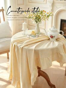 1pc Tablecloth With Ruffled Hem Decor, Polyester Fabric, Light Yellow Checkered Pattern, Rectangular Or Square, Suitable For Dining Room And Living Room Table Decor - Light Yellow - View 7