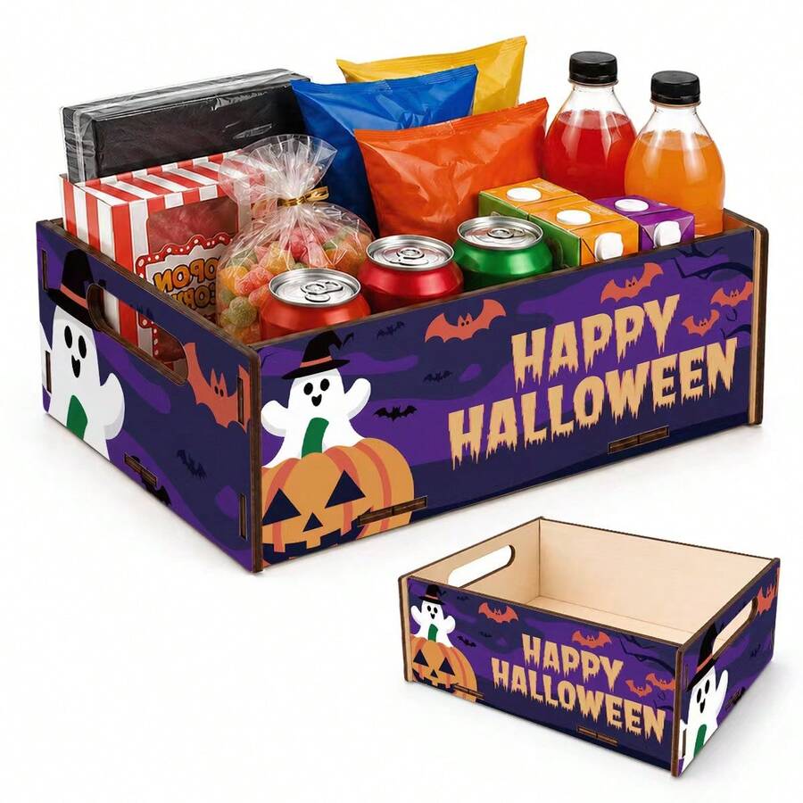 1pc Purple 2D Font Halloween Wooden Storage Box, Distressed Letter Ghost Pumpkin Bat - Multicolor - View 1