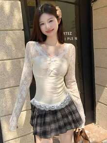 Sexy Style Lace Hollow Patchwork Bow T-Shirt Women Autumn/Winter Inner Layer Base Top Sexy Girl - Apricot - View 6