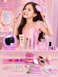 1 Set Little Girl Dress-Up Makeup Toy Set, Princess Gradient PU Grid Handbag, 24pcs Simulated Makeup Set, Girls Stage Performance Role Play Toy, Suitable For 3-6 Years Old Girls, Includes Comb, Glasses, Lipstick, Perfume, Mirror, Etc., Christmas Birthday Gift, Not Real Makeup - Jewelry Set - View 3
