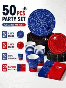 10/40/50/60/80pcs Disposable Paper Tableware Set Spider Web Party Tableware Set, Red Blue Black Spider Theme 18cm 23cm Paper Plates, 250ml Cups & Napkins For Kids Birthday & Halloween - View 1