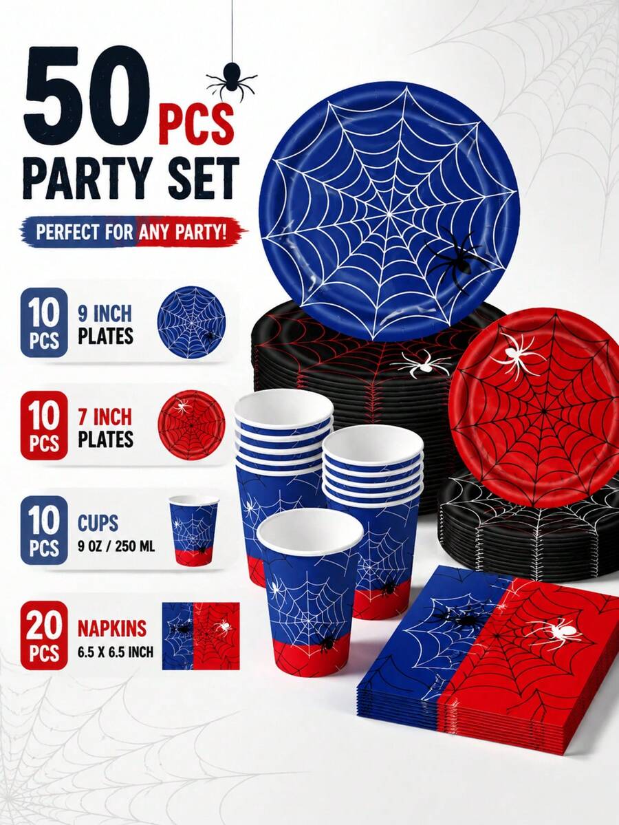 10/40/50/60/80pcs Disposable Paper Tableware Set Spider Web Party Tableware Set, Red Blue Black Spider Theme 18cm 23cm Paper Plates, 250ml Cups & Napkins For Kids Birthday & Halloween - View 1