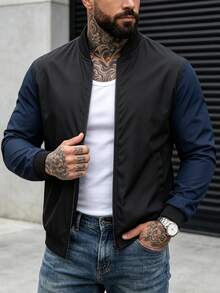 Men's Sports Outdoor Baseball Collar Jacket, Solid Color Woven Top, Casual Versatile Zip-Up Outerwear, Suitable For Hiking, Fitness, Running - Black - View 4