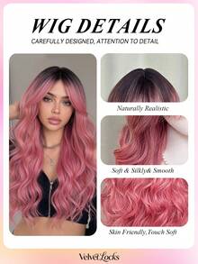 Topshe [Velvet Locks] 26 Inch Pink Gradient Synthetic Wig, Soft Heat-Resistant Voluminous Layered Wavy Curls With Curtain Bangs, Suitable For Daily Wear, Nightclub, Music Festival, Cosplay, Women's Wig - Multicolor - View 8