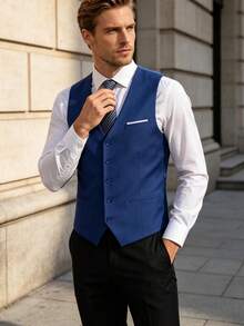 Men's Solid Color Slim Fit Single Piece Suit Vest, Formal Vest Suitable For Wedding Groom, Ball, Evening Party, Business And Daily Wear - Blue - View 6