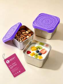 Meoky 3个8盎司不锈钢密封食品储物盒，带硅胶盖，防漏小型食品储物盒，可重复使用的金属午餐盒，适用于零食、餐食准备、旅行、野餐 - 紫色*3件套裝 - 查看 2