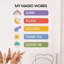 1件裝「My Magic Words」彩色禮儀教育牆貼，可移除自黏防水PVC貼紙，適用於臥室、客廳、教室、圖書館與居家裝飾 - 彩色 - 查看 3