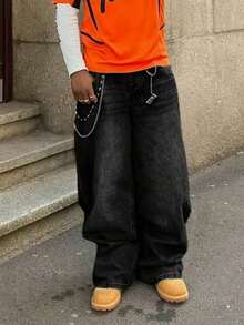 Men Hip Hop Oversized Wide Leg Denim Trousers, Black Baggy Jeans - Black - View 4
