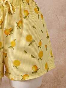 Women's 2-Piece Loungewear Pajama Set, Bright Yellow Striped Lemon Print, Halter Neck Tie Top And Elastic Waist Drawstring Shorts, Fresh And Fun, Suitable For Spring/Summer Home Leisure And Casual Outings - Yellow - View 5