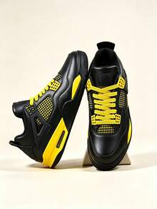 Men Women Couple 90s Retro Basketball Shoes, Mesh Synthetic Leather Upper, Visible Large Air Cushion, Stain Resistant Black Yellow, For Daily Wear, Sports & Gym - 黑色 - 查看 2