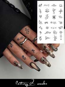 Herbal Juice Semi-Permanent Tattoo Sticker, Simple Floral Heart Puppy Airplane Mini Patterns, 14 Days Non-Fading, Music Festival Party Gift, Finger Body Temporary Tattoo Sticker, 1pc/Pack - Blue - View 1