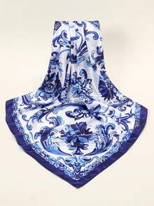 1PC Men's Blue And White Porcelain Print Satin Square Scarf, 90cm Multi-Functional Headscarf/Neck Scarf, Pocket Square, Sun Protection Headwear, Wrist Scarf, Suitable For All Seasons - Blue and White - View 5
