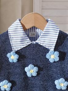 Korean Style Girls Striped Shirt Dress 2-Piece Set, 3D Floral Knit Vest, Baby Spring Autumn Princess Outfit - Blue - View 6