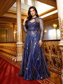 Plus Size Fall Winter Elegant Shiny Sequin Embroidered Beaded Full Skirt A-Line Maxi Formal Dress, High Neck Long Sleeve Cinched Waist, Party Wedding - Royal Blue - View 6