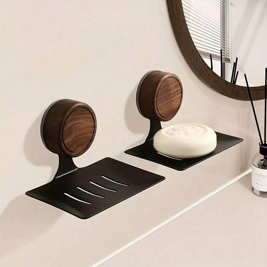 Suction Cup Walnut Wood Soap Holder, Shower And Bathroom Soap Rack, Walnut Wood And Stainless Steel Frame, With Self-Draining Design, Detachable, Reusable, Waterproof, Suitable For Shower, Bathtub, Kitchen, Toilet, Easy Installation - Multiple Styles - View 1