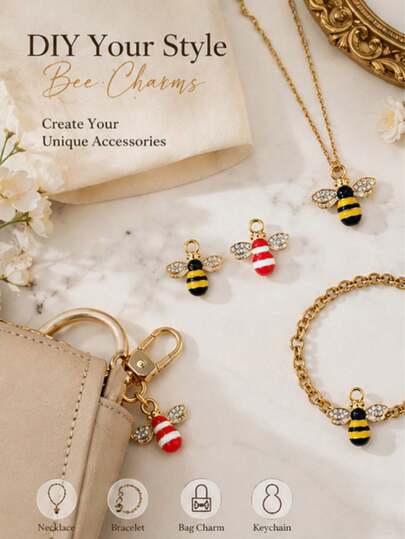 6/9/12pcs Rhinestone Fashion Elegant Bee Pendant, Suitable For DIY Jewelry Accessories, Handmade Bracelets, Necklaces, Earrings, Wedding Dress, Shoes, Clothing, Bags, Keychains, Phone Chains, Hair Accessories, Hair Clips, Headbands, Bag Neckline Decoration
