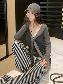 Kaos Lengan Panjang 2 in 1 Gaya Korea dengan Ikatan Depan yang Santai, Atasan Lapisan Dasar Serbaguna Slim Fit untuk Wanita, Musim Gugur/Dingin - Dark Grey - View 4