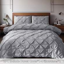 3 PCS Soft Grey Pinch Pleat Quilt Duvet Cover Set Luxury Bedding For Bedroom With 2 Pillowcases Queen King Size Quilt Cover Set Zipper Closure,Festival Gift Quilt Doona Duvet Cover For Bedroom Decor,Easy To Clean, Machine Wash,Back To School Season - 灰色 - 查看 10