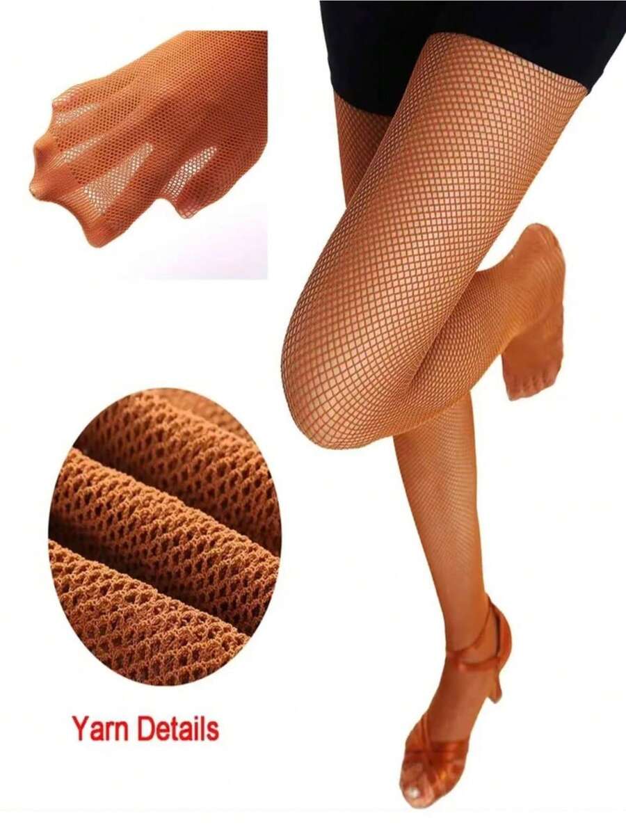 New Professional Solid Color Latin Dance Fishnet Tights, Competition-Specific Oxford Bone Line Compression Pantyhose With Shoe Sole - Camel - View 1