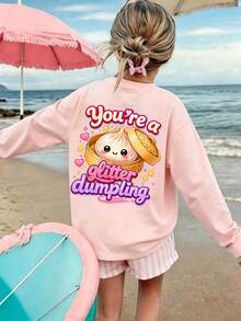 Big Girls Cute You're A Glitter Dumpling Back Print Long Sleeve T-Shirt, Adorable Cartoon Dumpling Pattern Pink Top, Casual Daily Campus Outfit - Pink - View 7