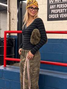 Y2K Style Spring/Autumn Women's Long Sleeve Knitted T-Shirt, Striped Ribbed V-Neck With Contrast Trim, Slim Fit Casual Streetwear Basic Everyday Top - Multicolor - View 9