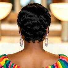 150% Density Finger Wave Human Hair 13x4 Front Lace Wig Natural Black 99J Short Hair Women's Wig - Multicolor - View 4