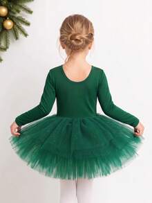 Girls' Solid Color Round Neck Long Sleeve Tulle Ballet Dress, Children Swan Ballet Dance Costume - Green - View 3