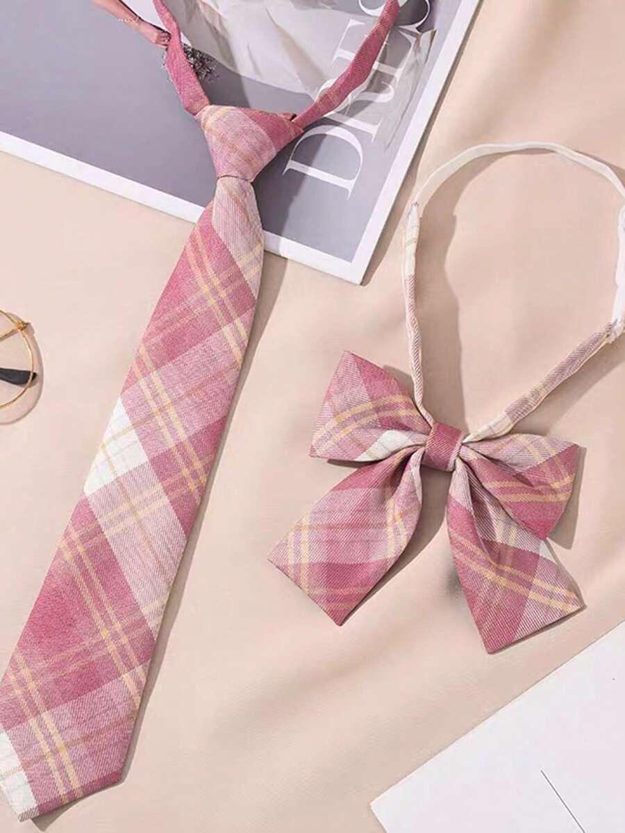 Pink Plaid Collar & Bow Tie Set - Multicolor - View 1
